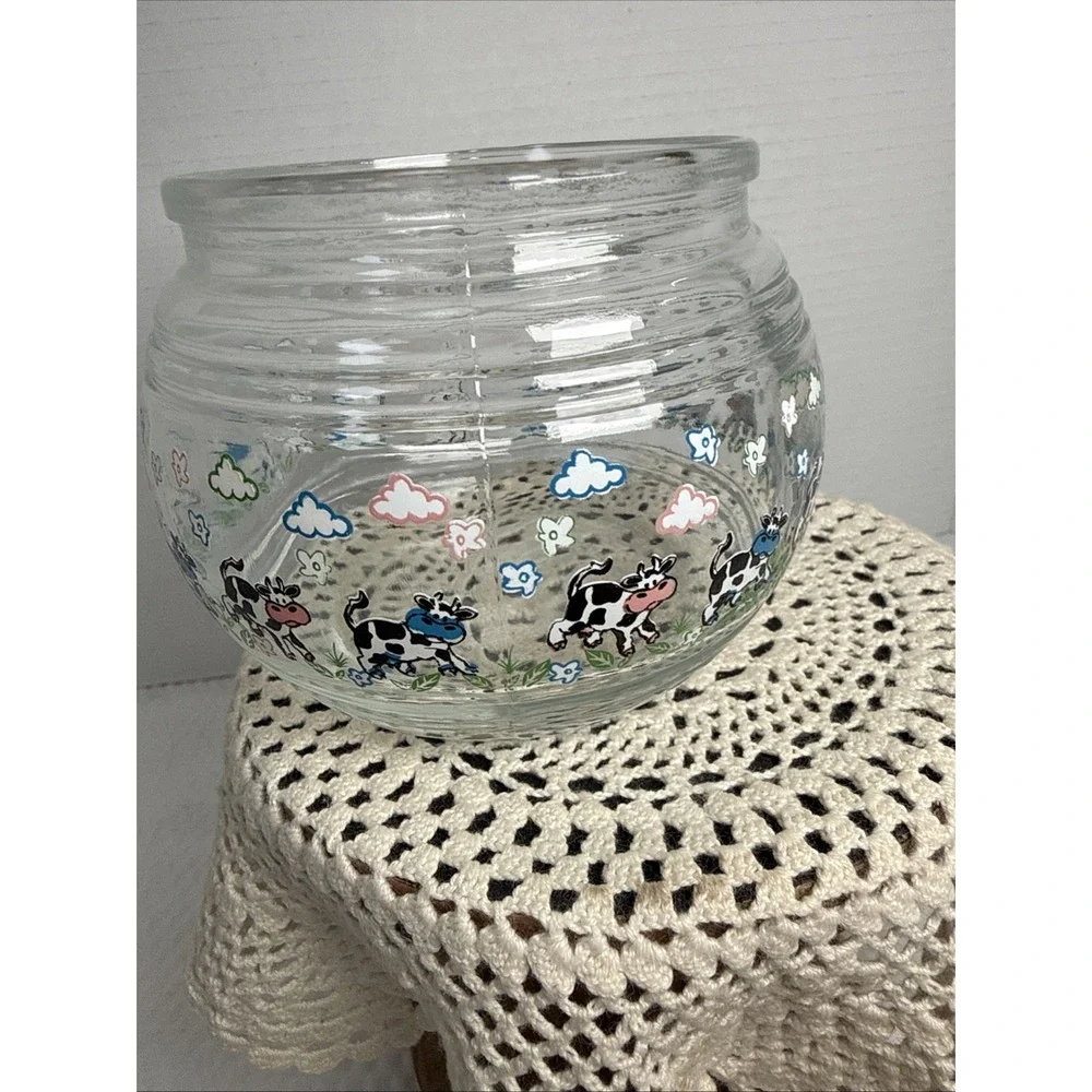 KIG Indonesia Vintage Glass Candy Jar Cannister Apothecary Lid Happy Cows. 5X5